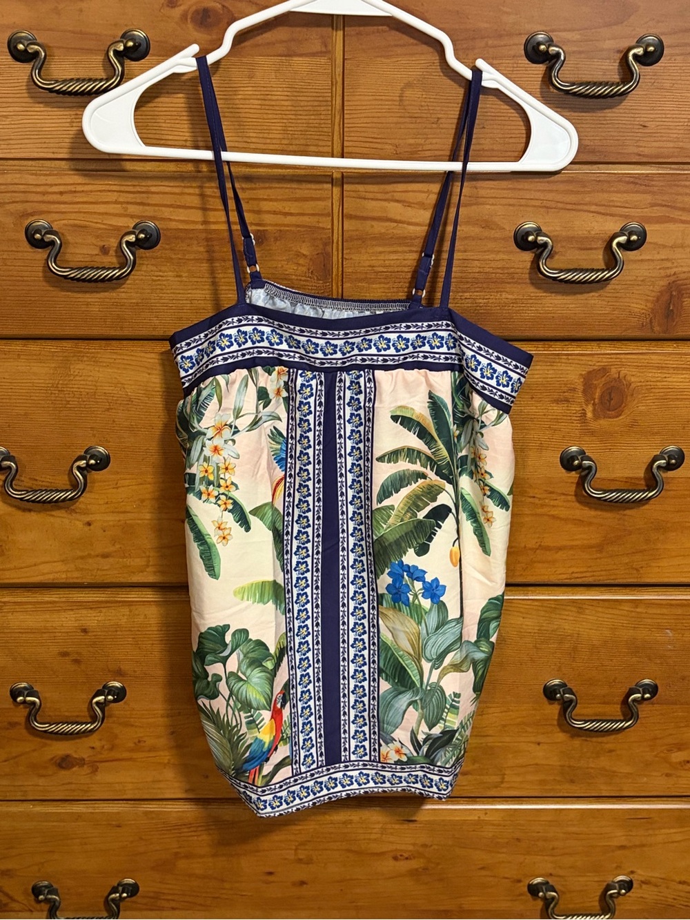 Tropical Print Spaghetti-Strap Cami in Cream and Blue